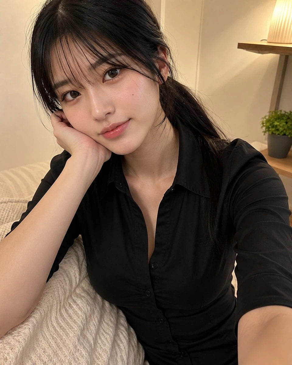 young Japanese girl with long black hair tied in a low ponytail, soft wis...