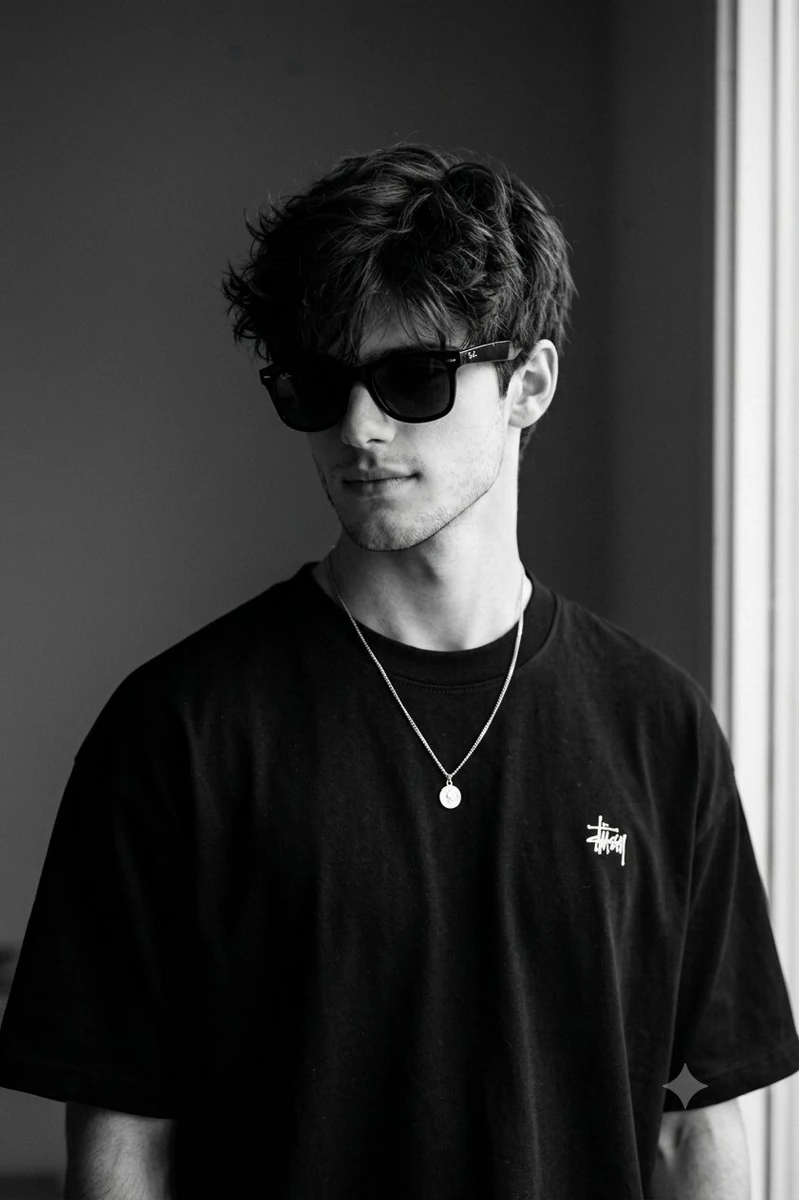 Ultra-realistic monochrome portrait of a young man wearing black wayfarer...