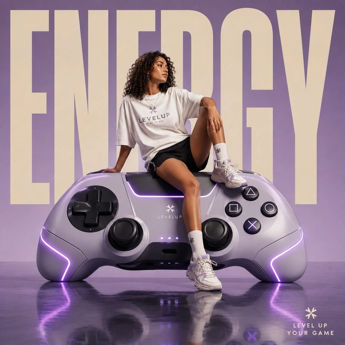 Luxury futuristic streetwear campaign poster featuring a confident athlet...