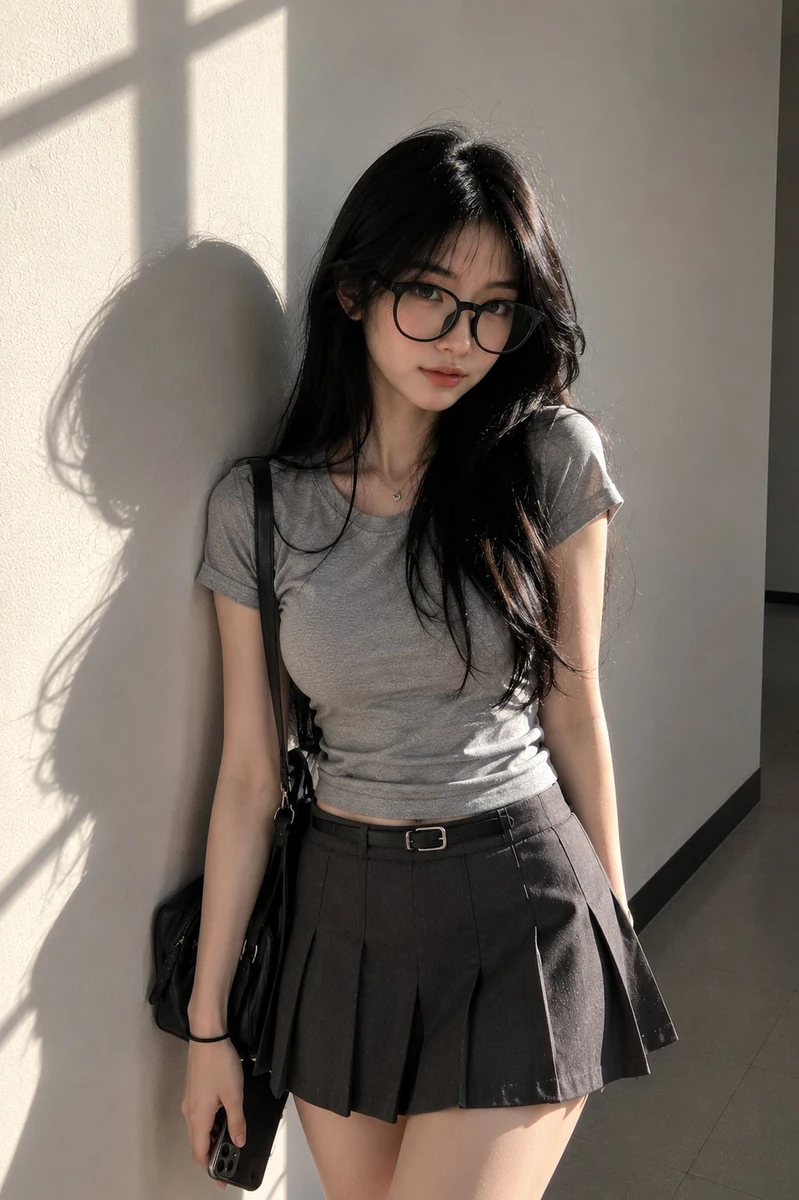 Ultra-photorealistic candid portrait of a young East Asian woman standing...
