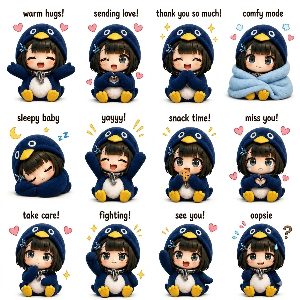 Ultra-cute kawaii chibi sticker sheet featuring a tiny anime girl in an o...