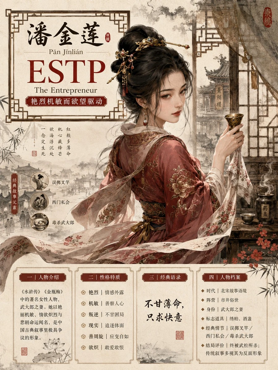 请生成一张【中国古典人物 MBTI 高端国风信息海报】。