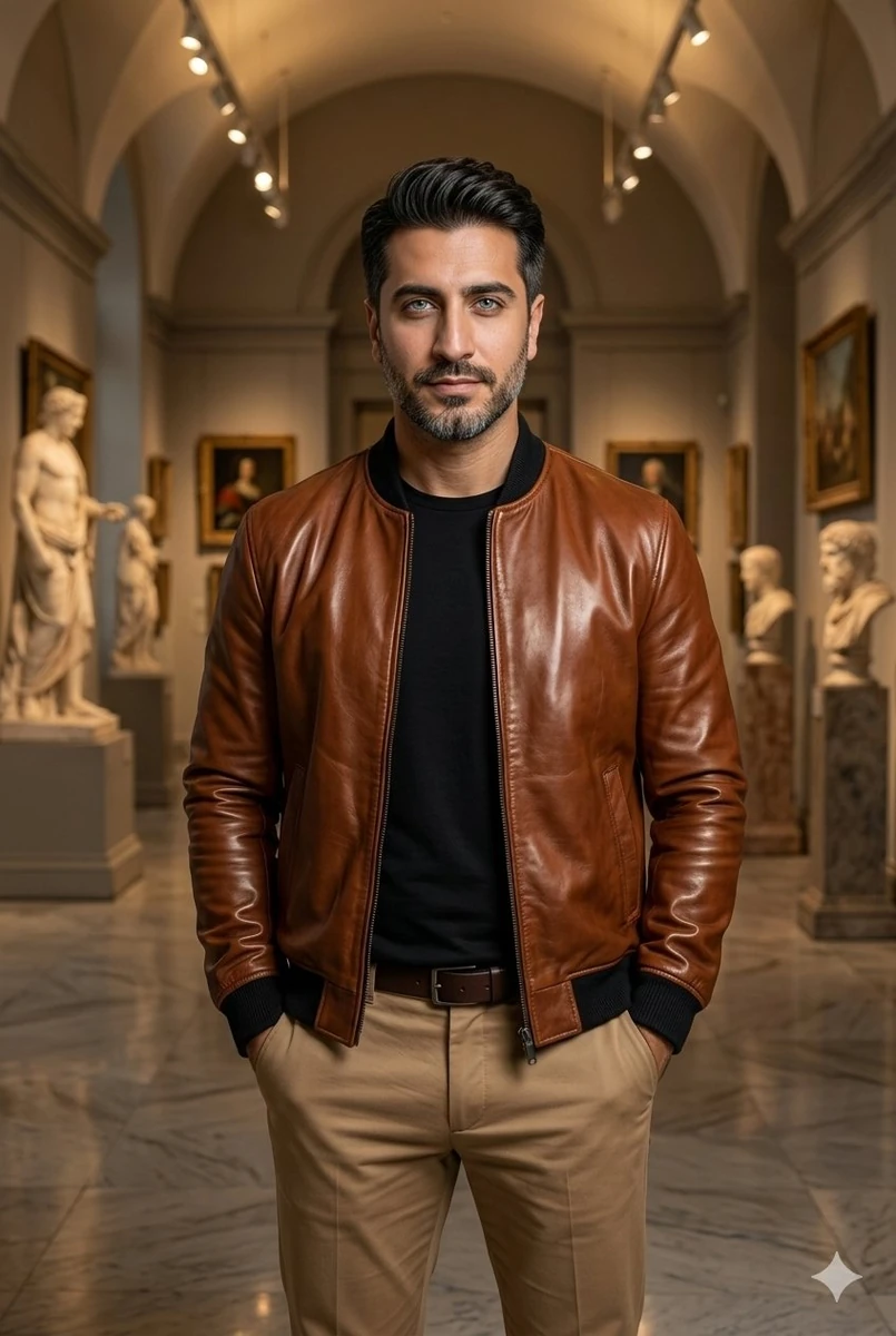 A handsome South Asian man in his early 30s with sharp facial features, w...