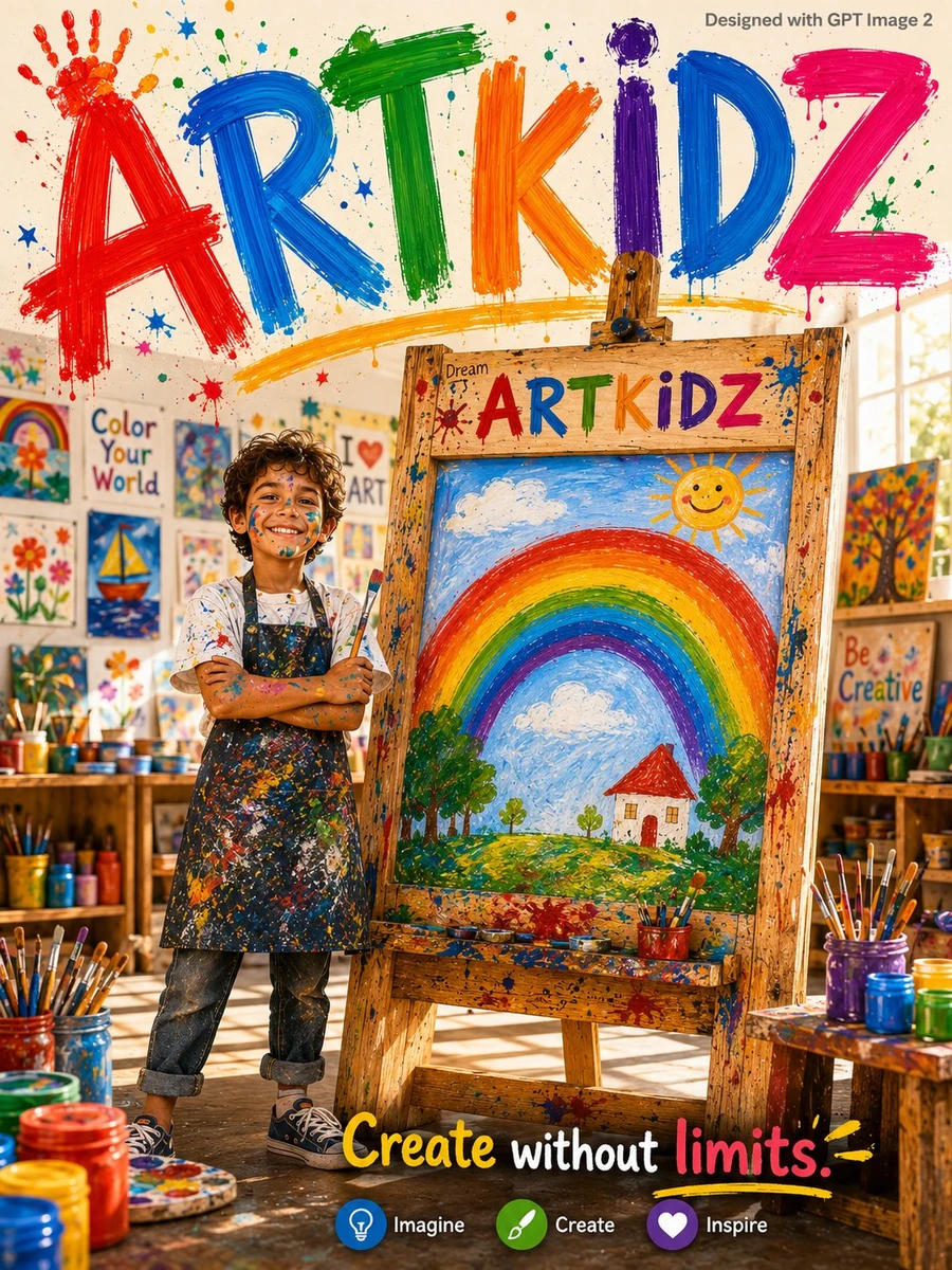 A creative bright kids advertisement poster. An enthusiastic young boy ag...