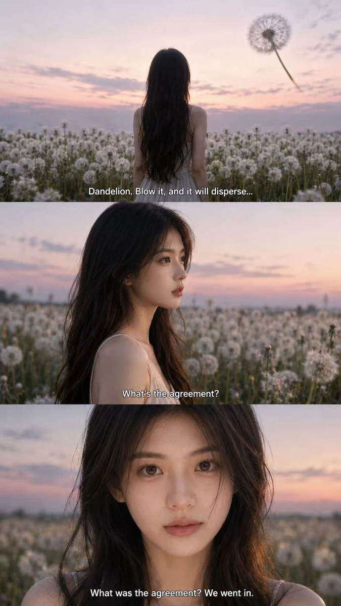 A cinematic dandelion-field triptych