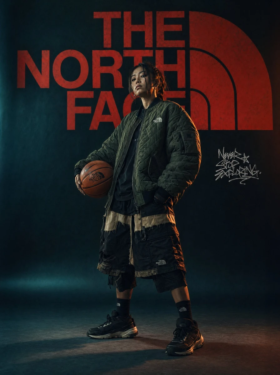 A high-fashion, cinematic brand concept poster for "The North Face." The...