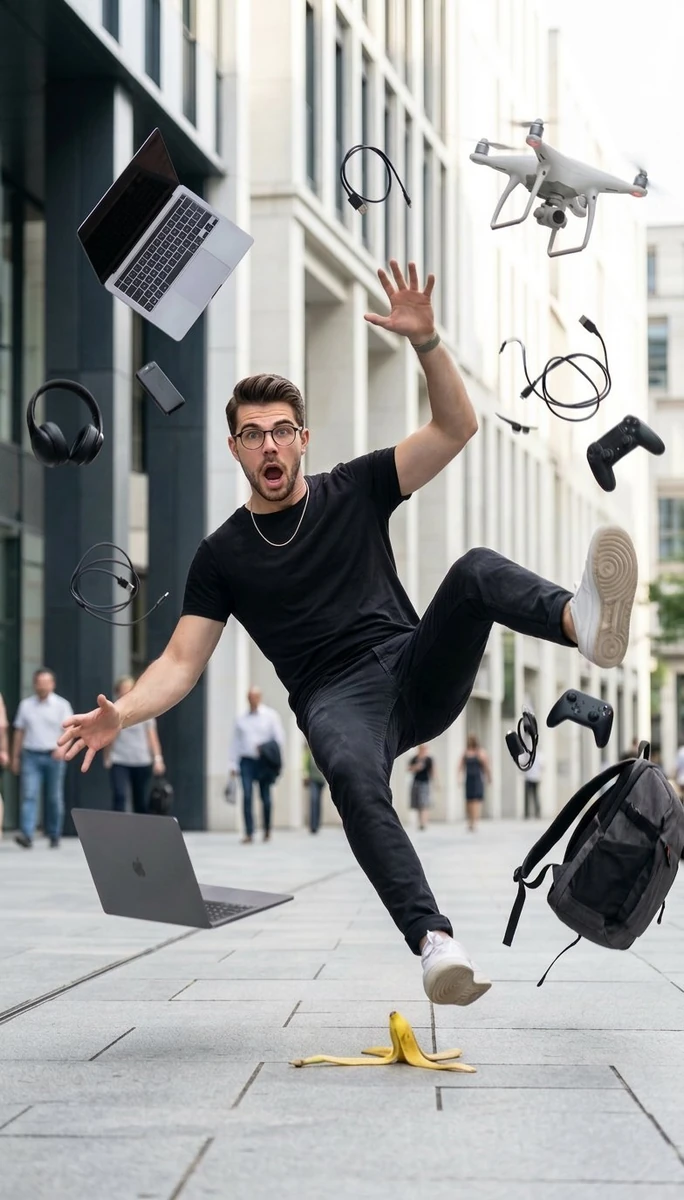 Ultra-realistic cinematic street photography of a young man slipping on a...
