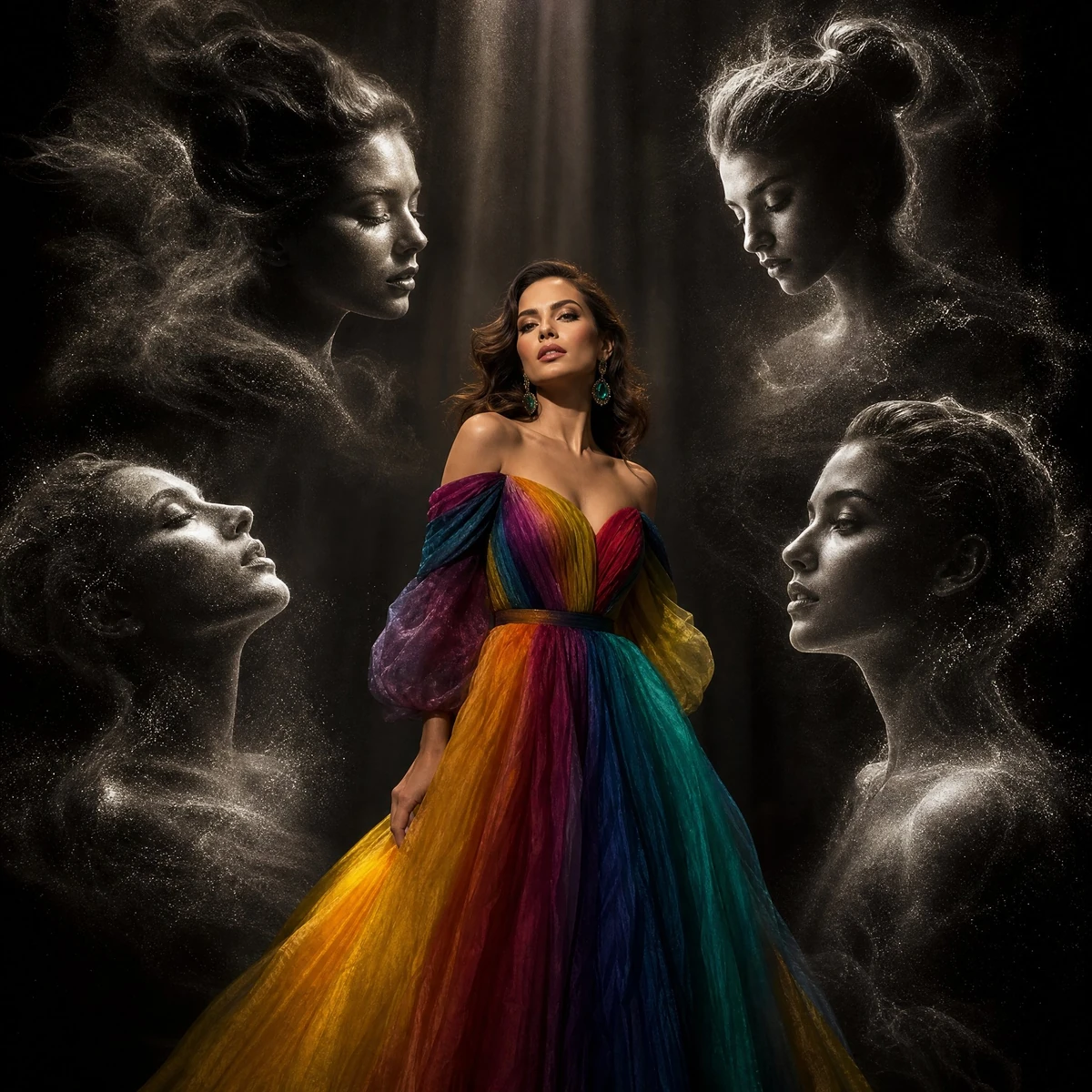 Aspect Ratio 1:1. Editorial fashion portrait inside a dark luxury studio...