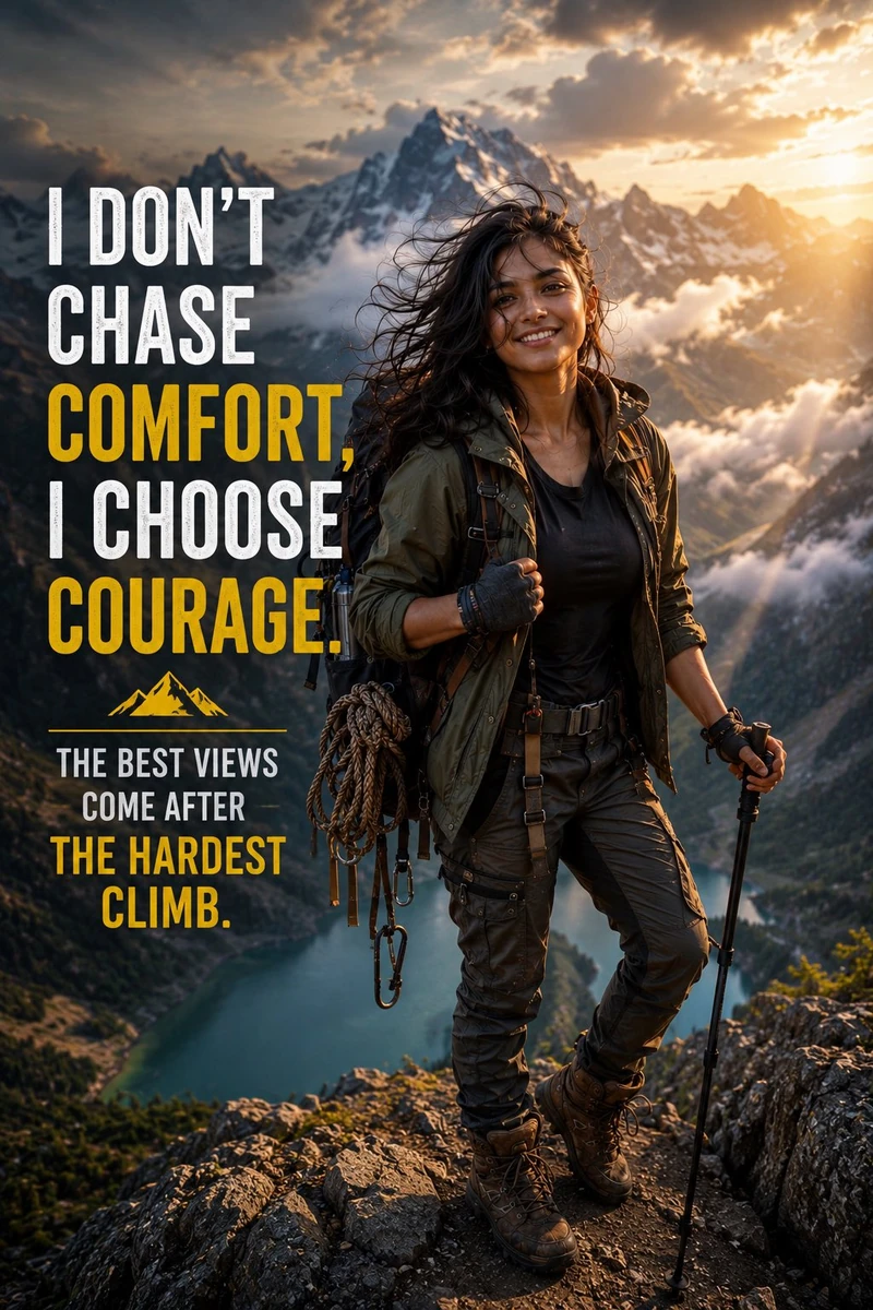 Ultra realistic cinematic portrait of a fearless young adventure girl sta...