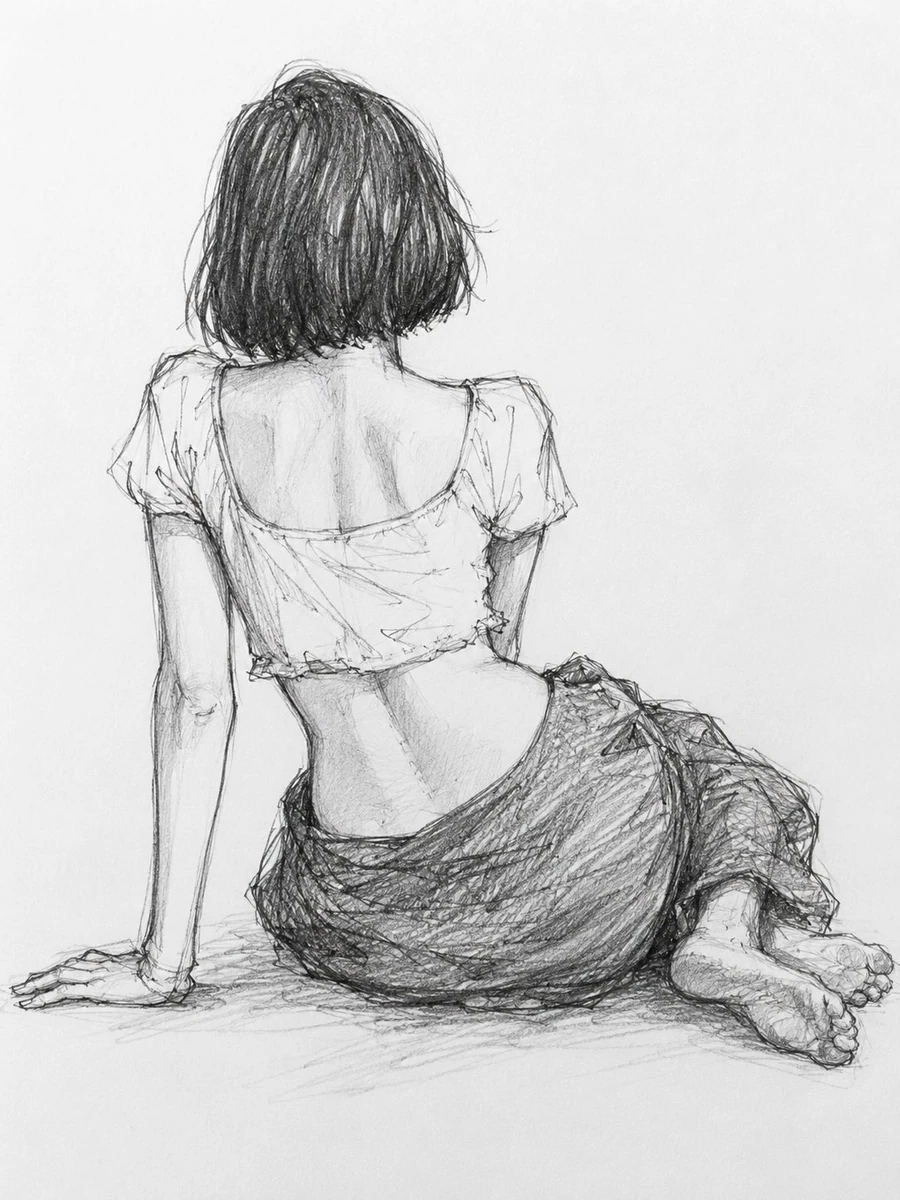A loose pencil gesture sketch of a young female figure sitting on the flo...