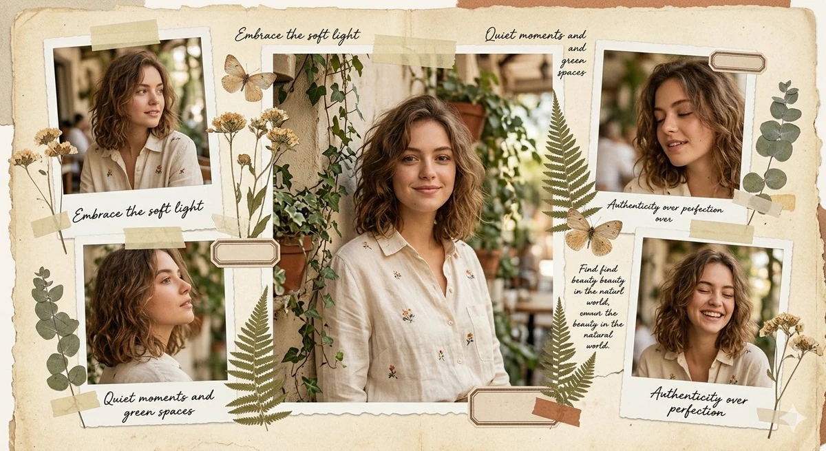 Aesthetic collage portrait of a young woman with soft natural lighting, w...