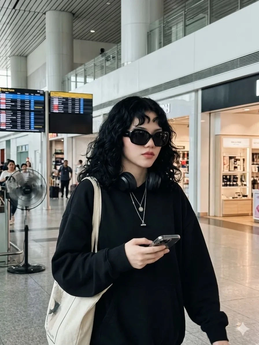 Candid airport street-style portrait of a young woman with short curly bl...