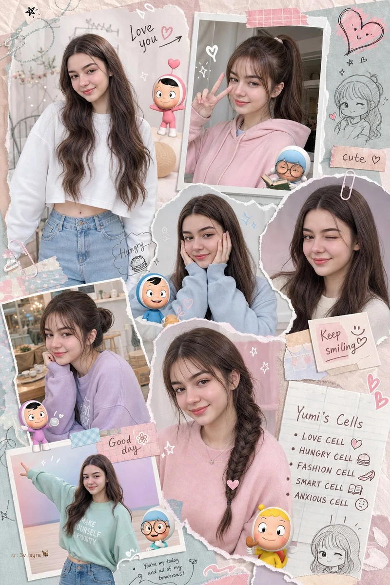 Asymmetrical modern scrapbook style photo collage featuring a young woman...