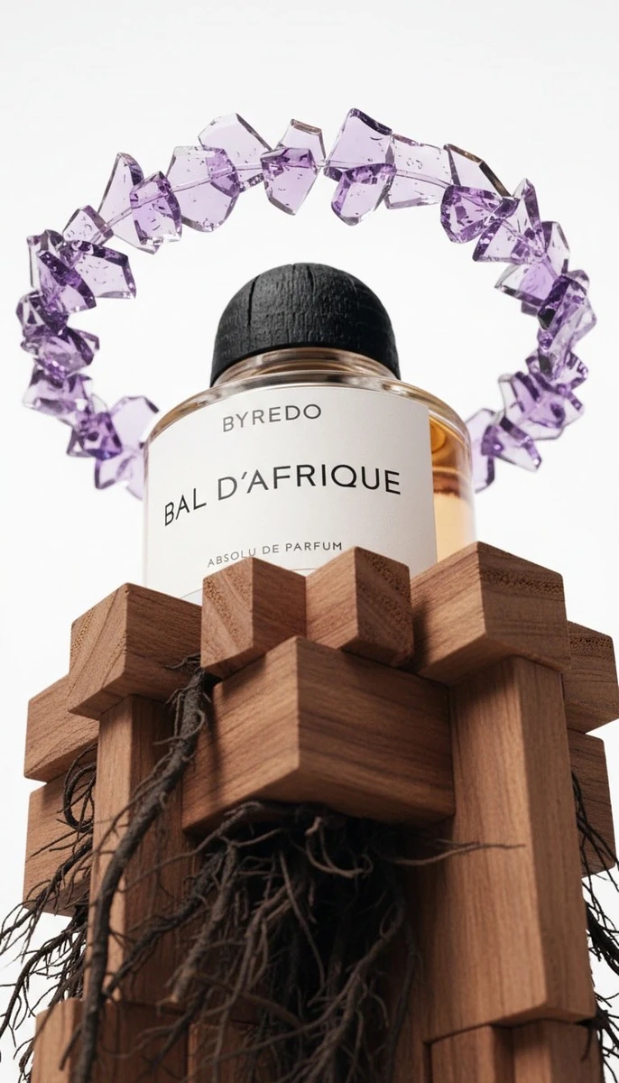 Luxury product photography of a Byredo Bal d’Afrique Absolu de Parfum bot...