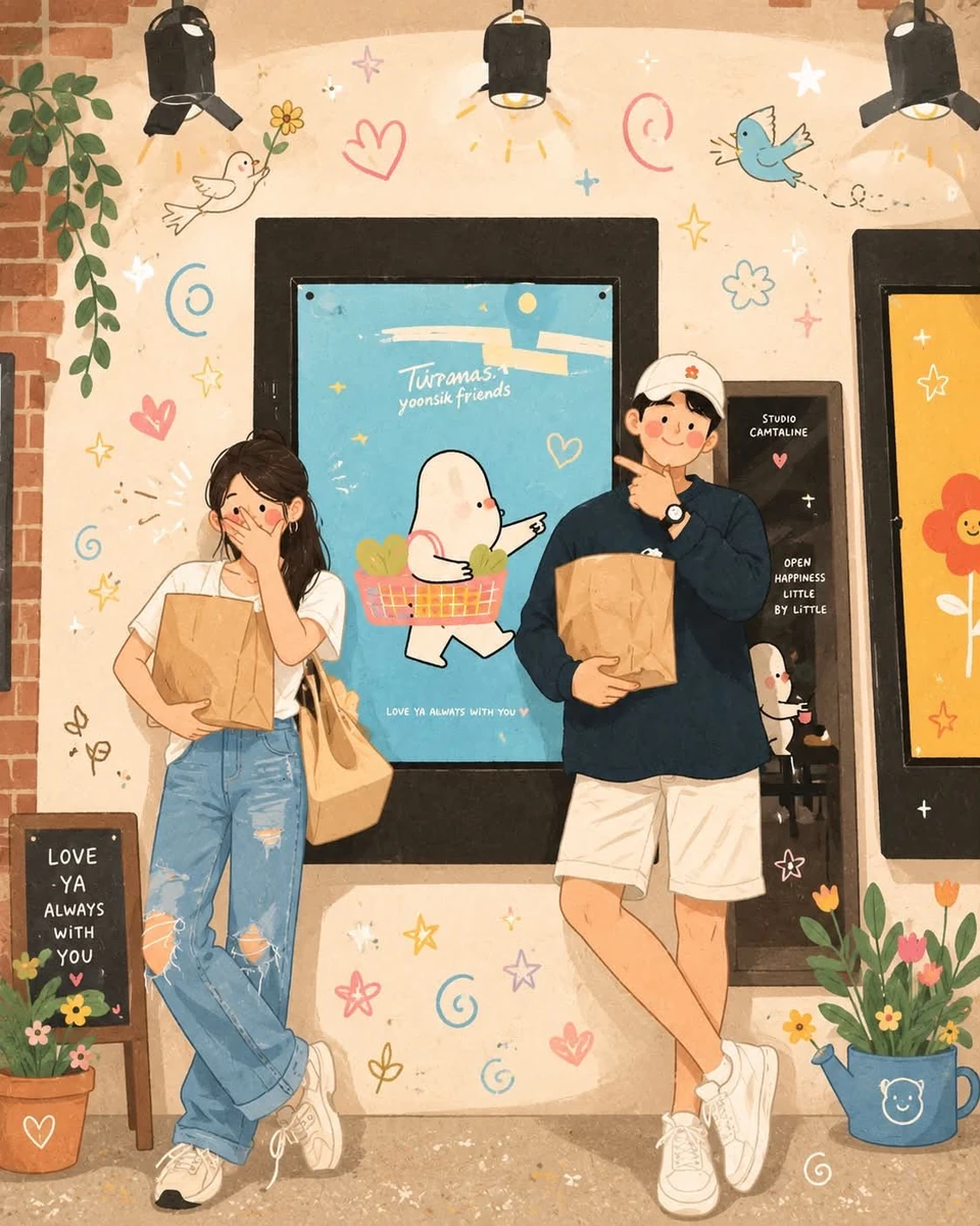 Transform this photo into a whimsical folk flat illustration with doodle...