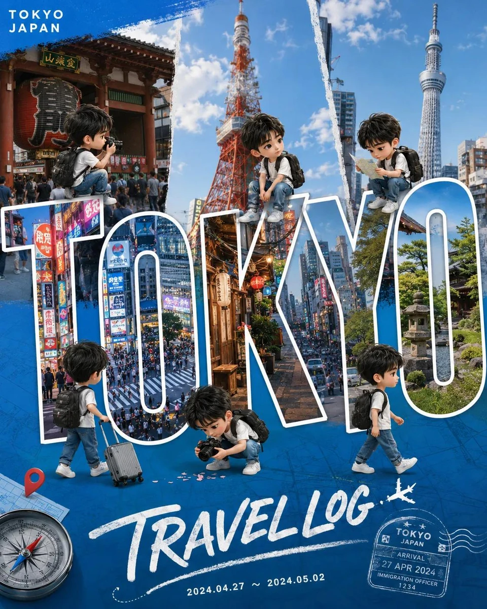 Cute chibi travel vlog poster design featuring adorable mini travelers ex...