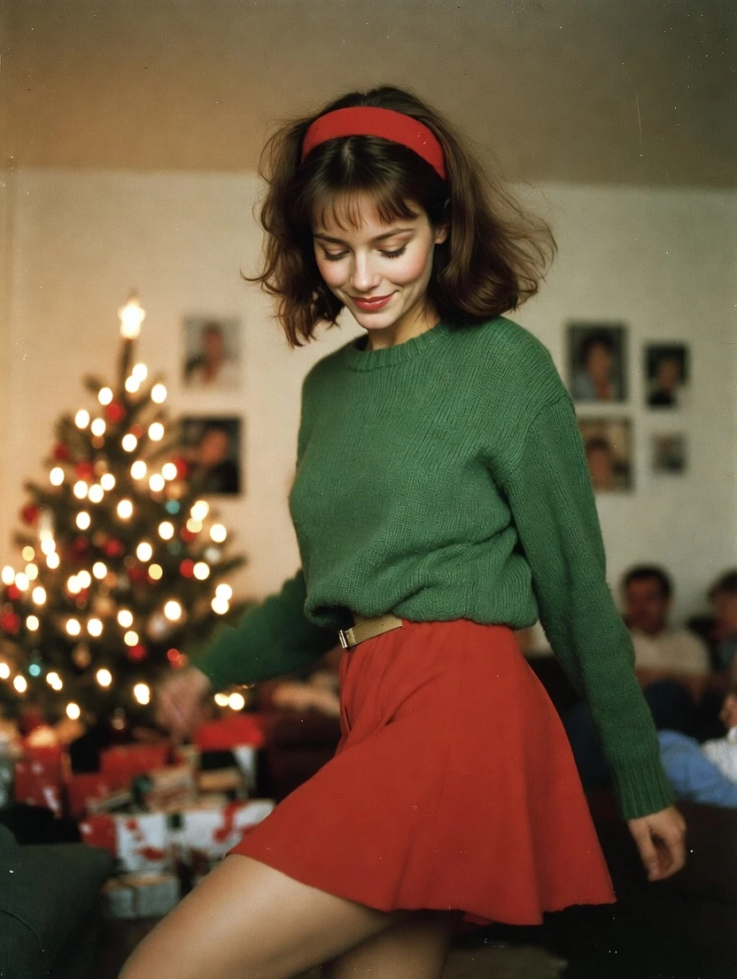 A candid indoor holiday scene photographed in a warm, nostalgic vintage s...
