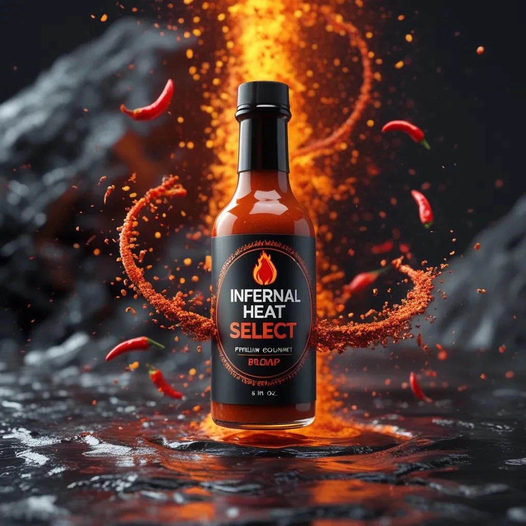 Ultra-realistic product photography of a premium hot sauce bottle labeled...