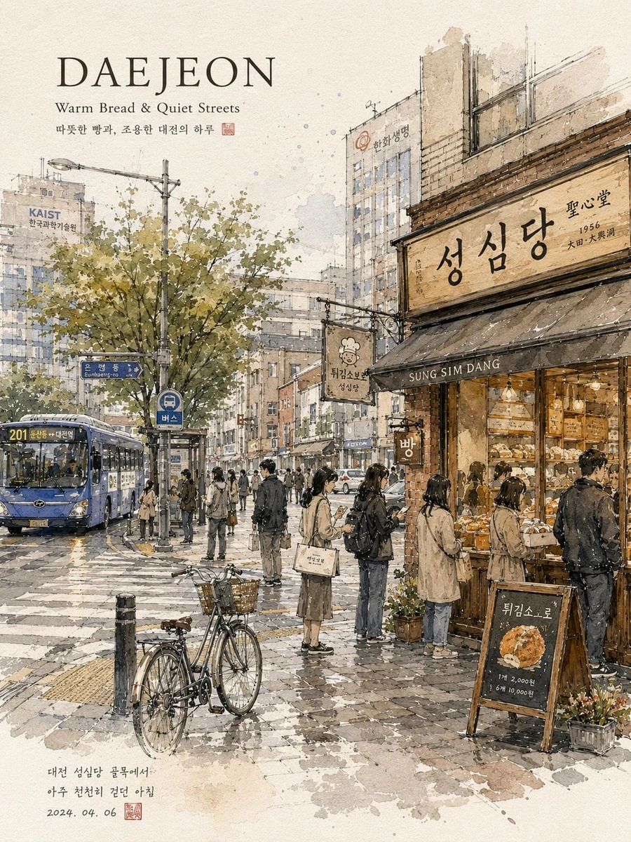 Dreamy watercolor travel illustration of a peaceful Korean city street, h...