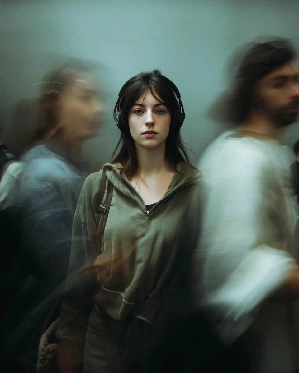 A cinematic portrait of a young woman standing still in a crowded urban e...