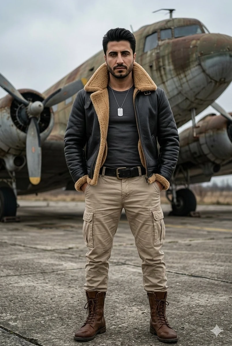 A rugged handsome Pakistani man with sharp facial features, short neatly...