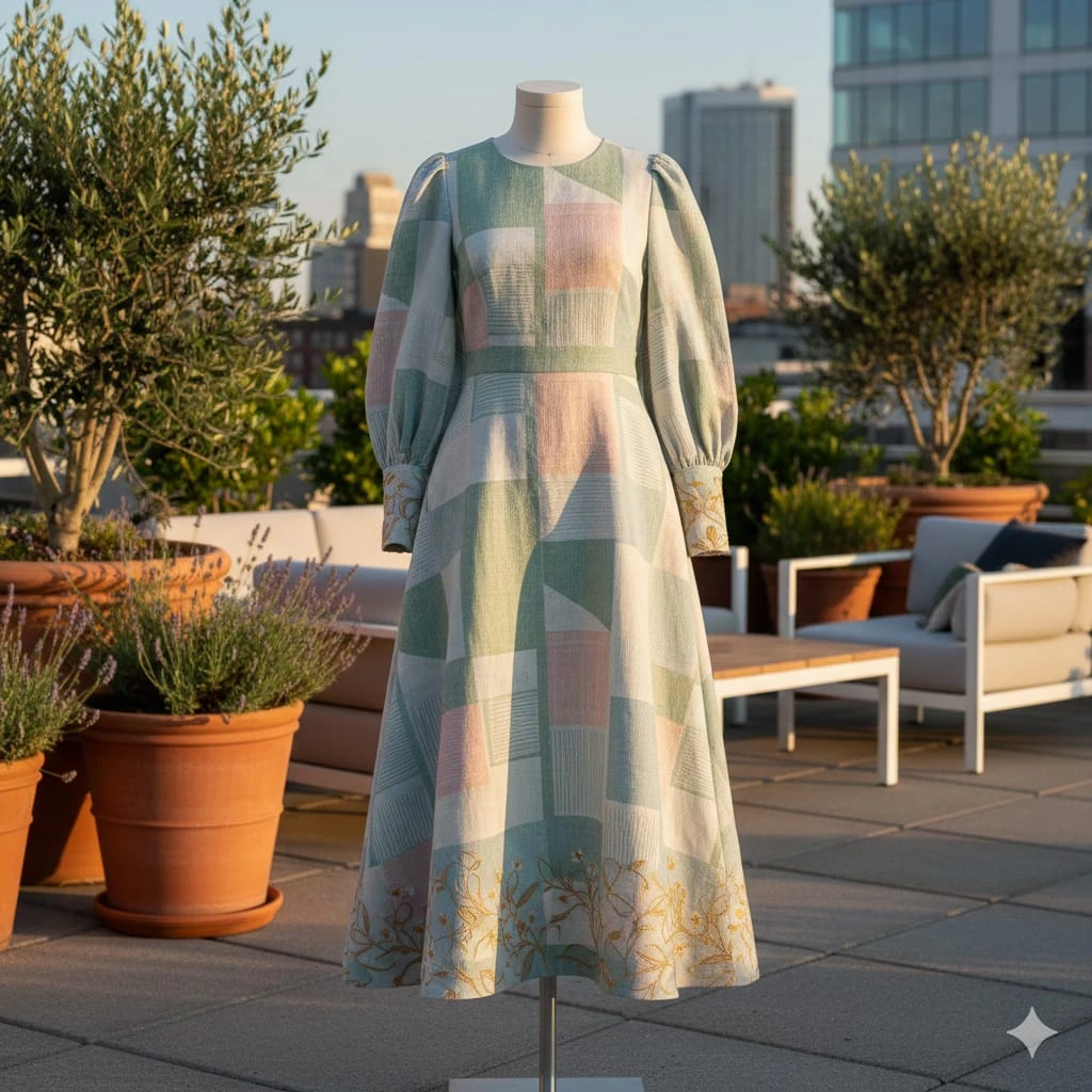 A contemporary dress on a mannequin, with a structured, modest design in...