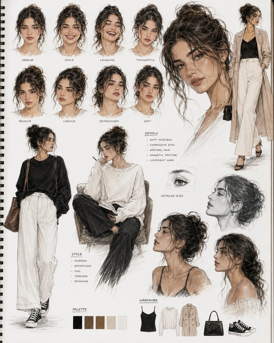 Premium cinematic sketchbook character board showcasing a stunning fashio...