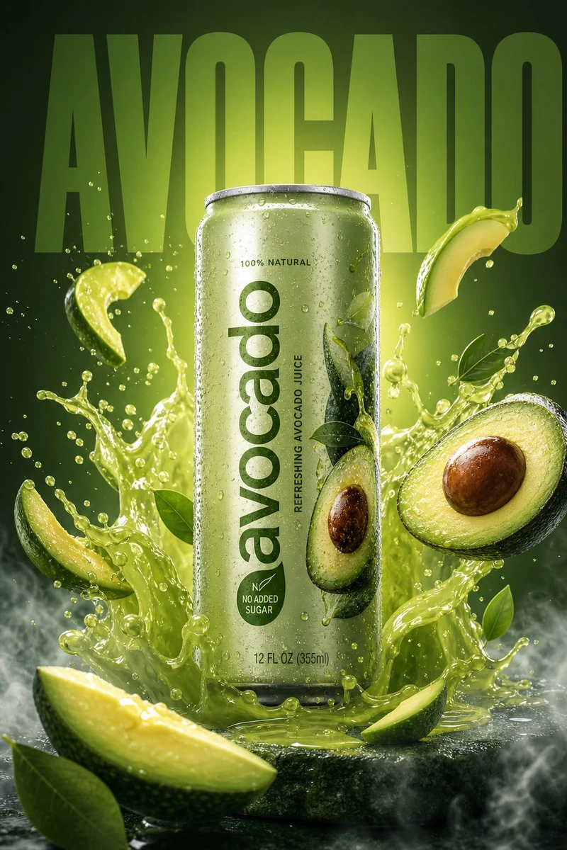 A high-resolution, vibrant product ad featuring a (avacado ) flavored bev...
