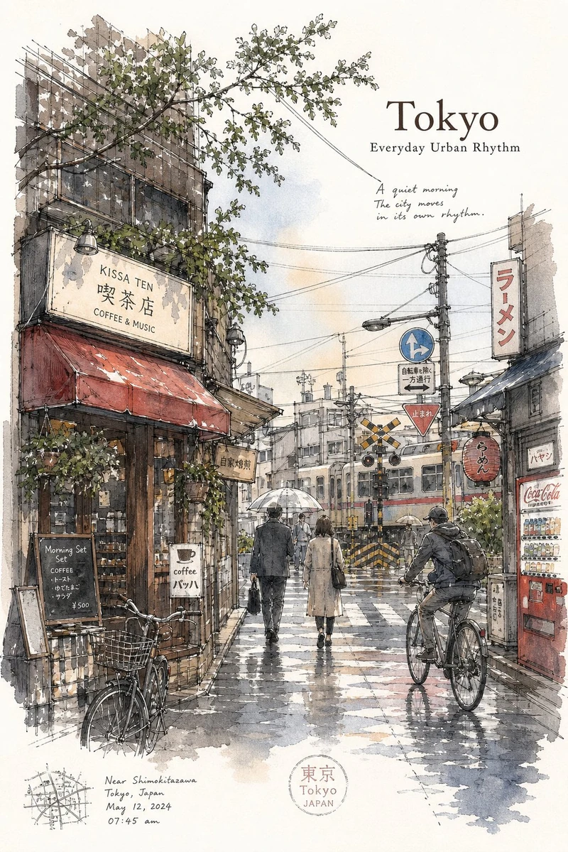 Tokyo minimalist urban travel sketch poster, drawn like a real location s...