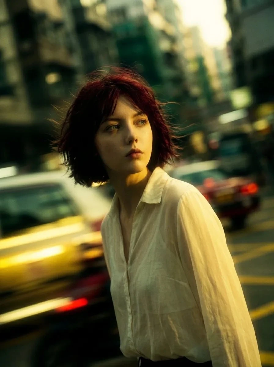 Cinematic portrait photography of a pale young woman with short messy dar...