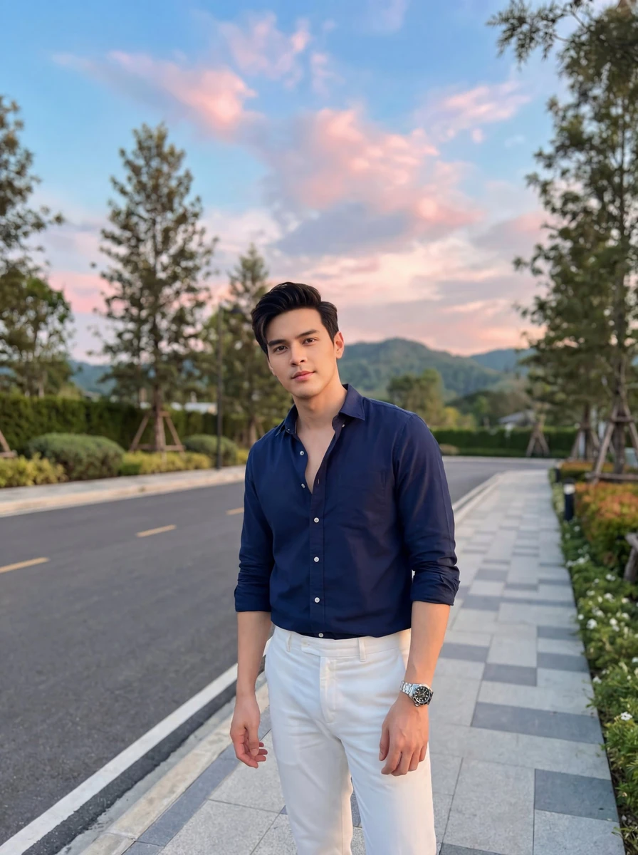 A stylish young man standing on a modern sidewalk at sunset, wearing a na...