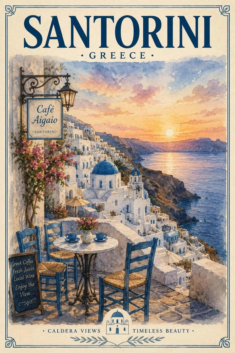 Vintage watercolor travel poster illustration, elegant European destinati...