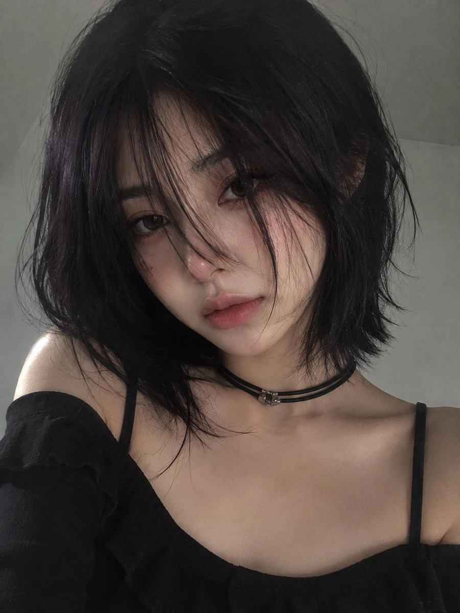 A soft minimalist portrait of a young woman with sleek dark violet-black...