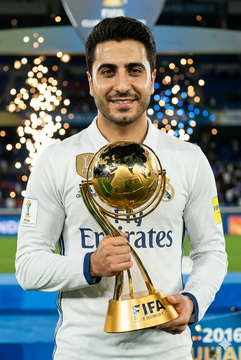 Portrait of a handsome athletic soccer player from Real Madrid, mid-20s,...