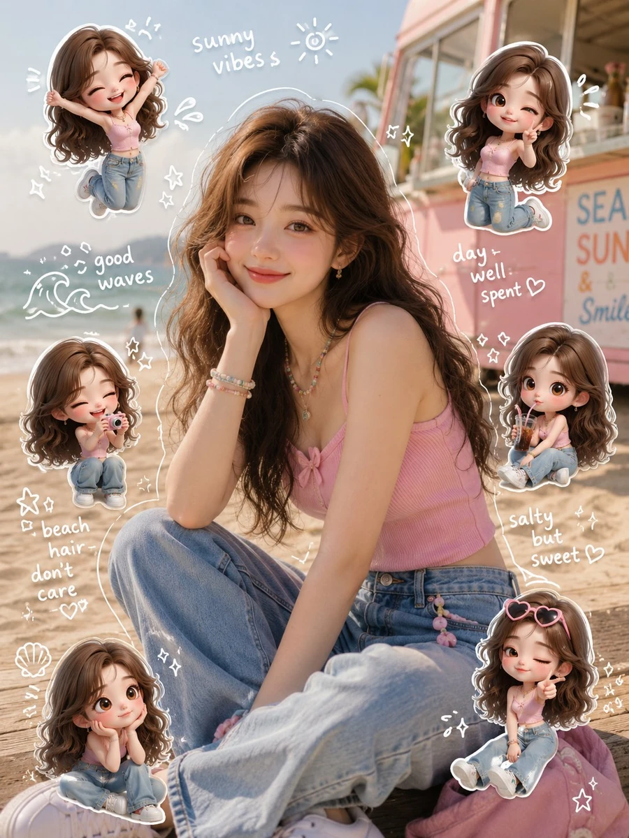 Around the main figure, add multiple mini 3D chibi versions of the same c...