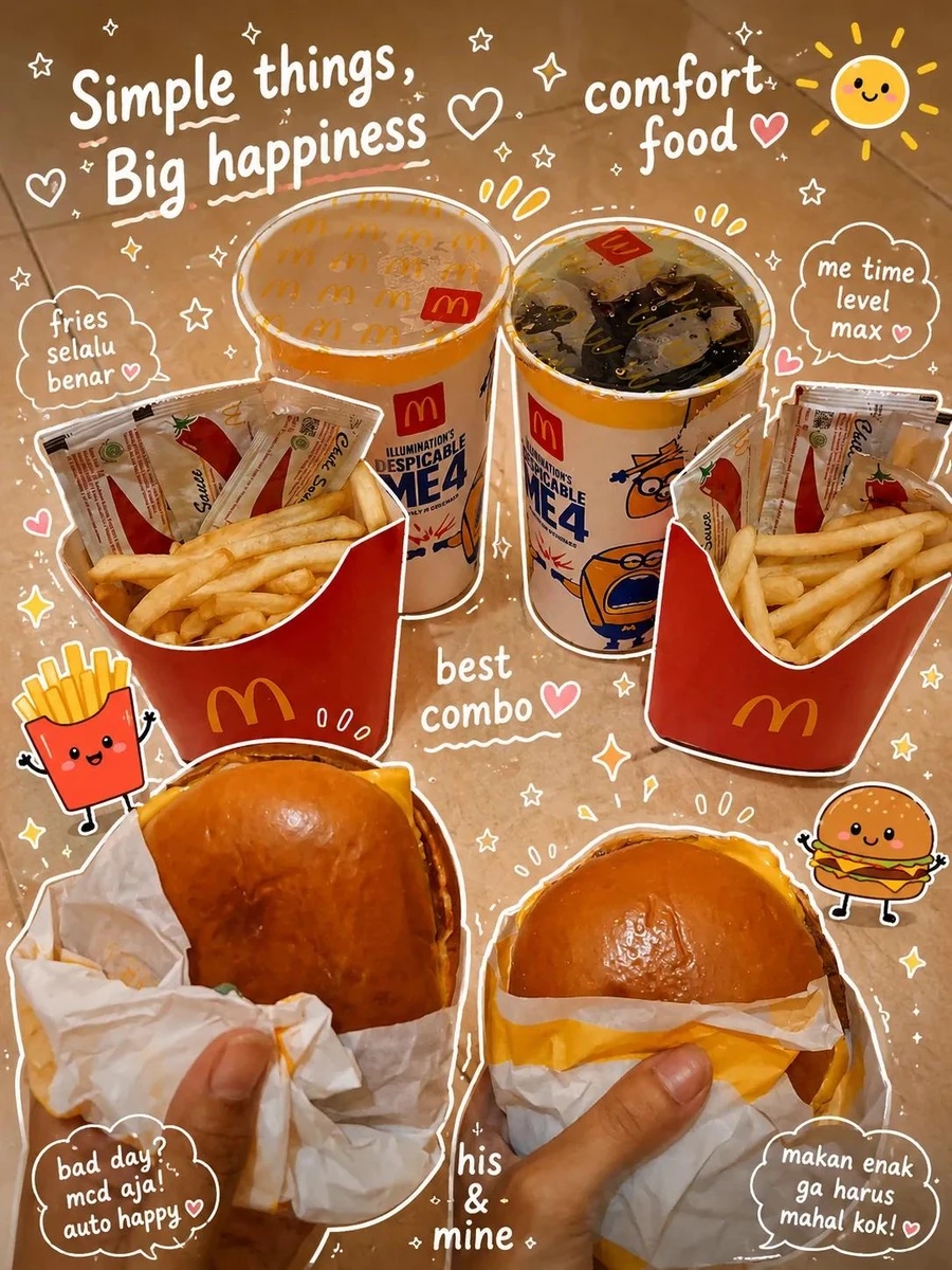 Cute kawaii-style food photography collage, cozy warm aesthetic, top-down...