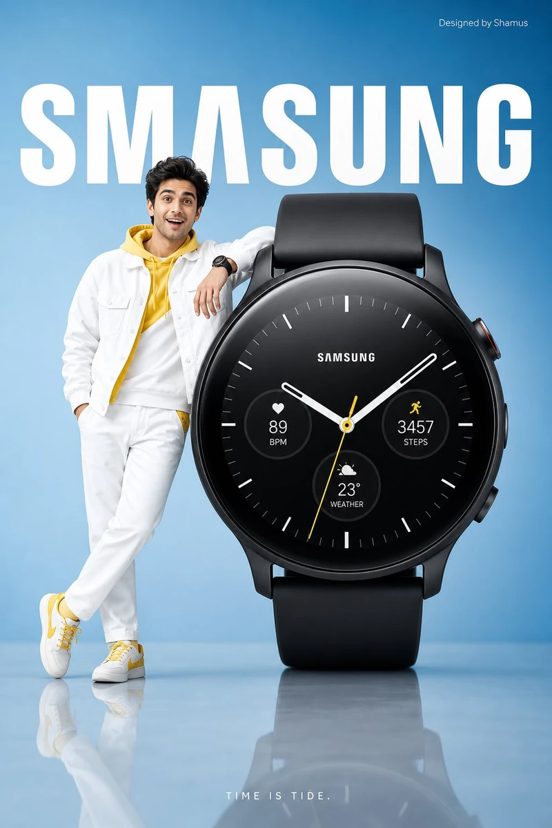 Minimalist commercial ad featuring oversized BLACK smartwatch, ultra-clea...