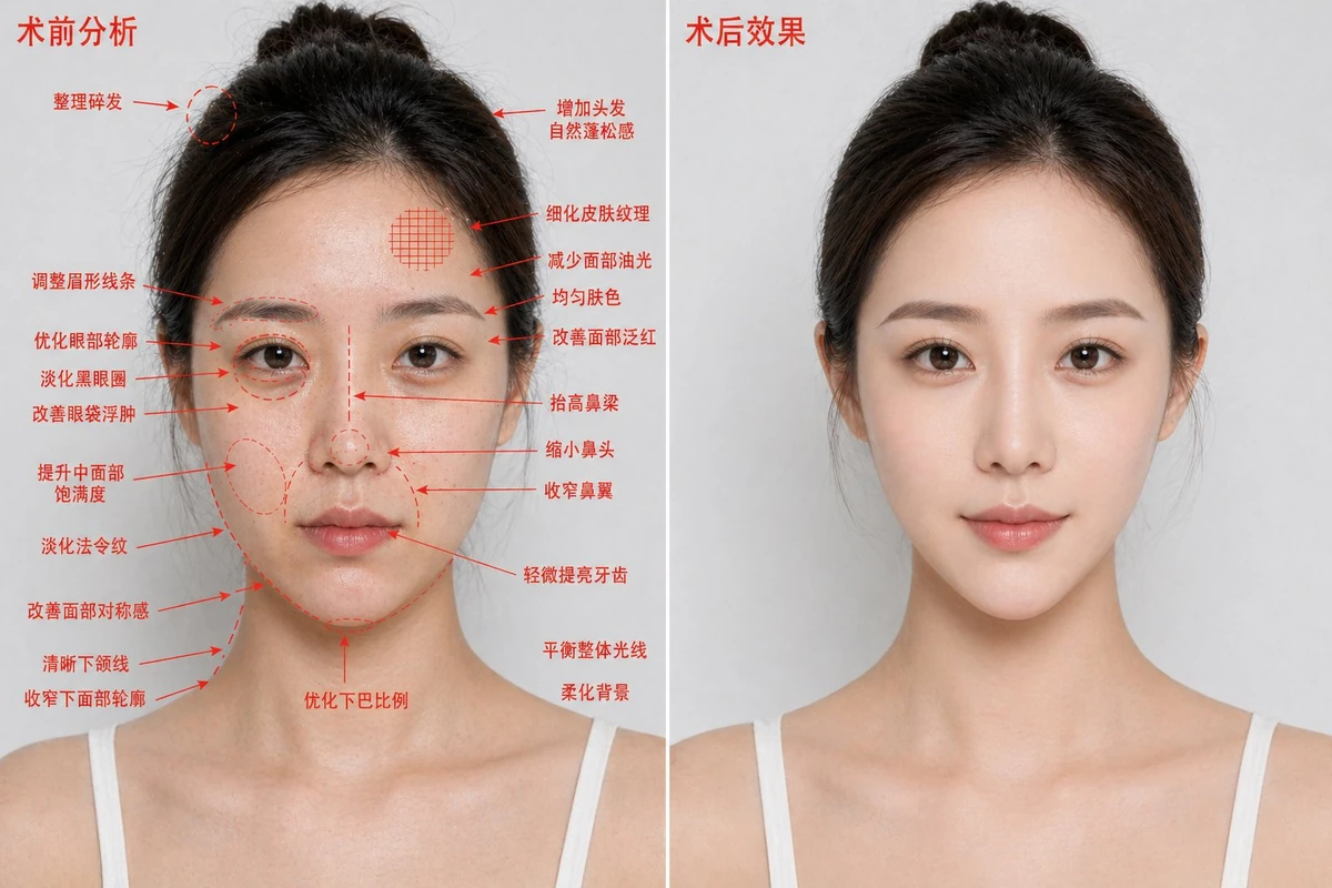你是一位顶尖医美整形视觉设计师、面部美学分析师与高端人像修图蓝图设计师。请生成一张真实高清的“医美整容术前术后对比蓝图”,采用左右双栏并排布局,整...