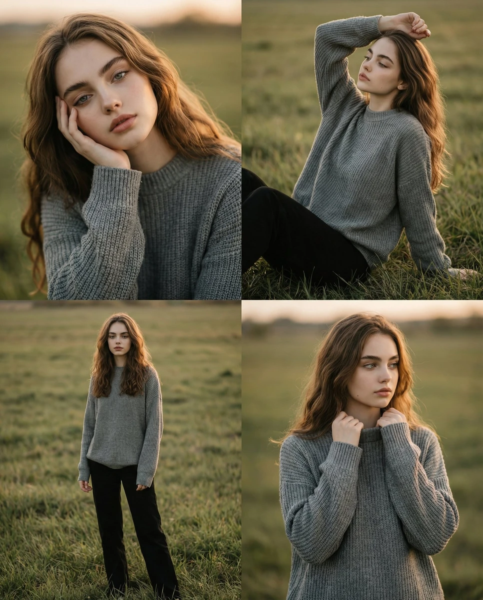 A soft cinematic outdoor photoshoot of a young woman in a grassy field du...