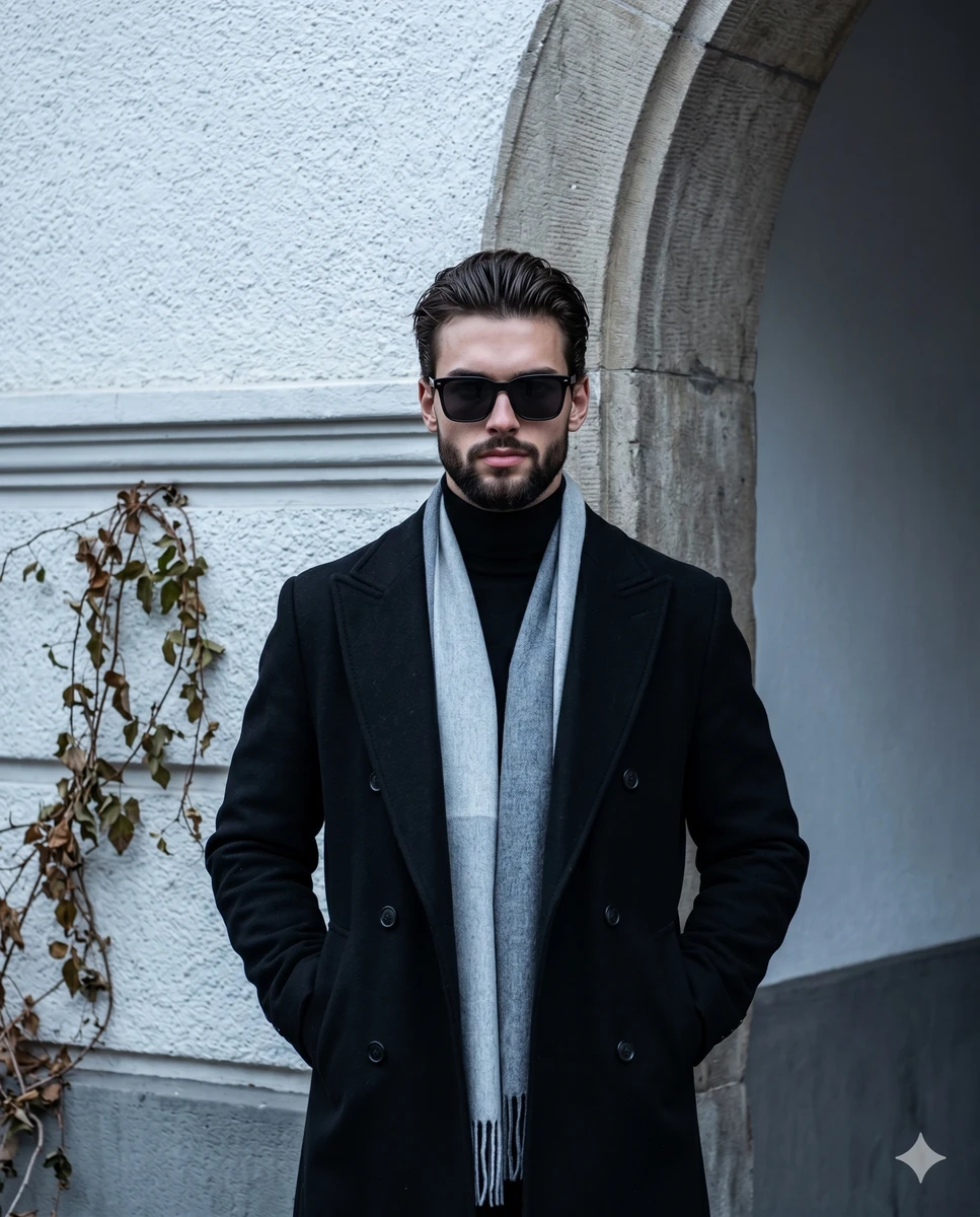 A confident young male stands centered, facing the camera straight on wit...