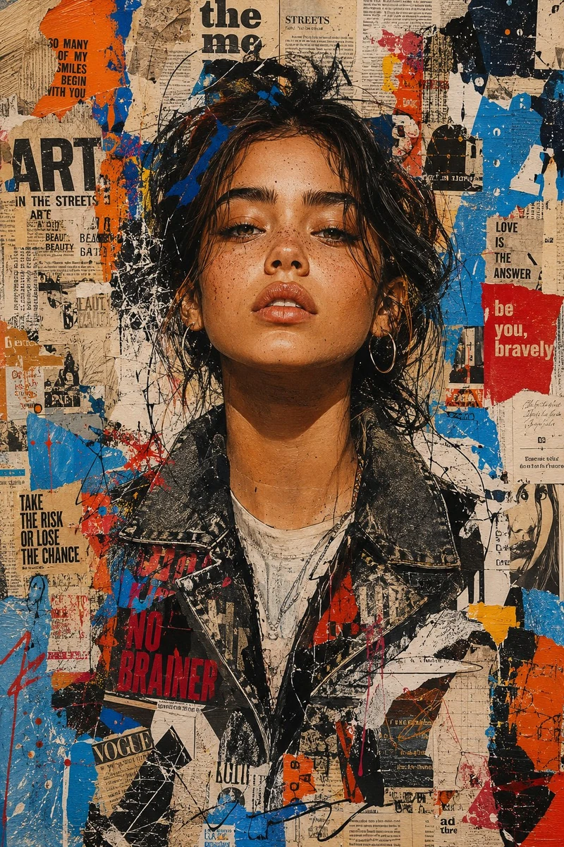 Ultra-detailed mixed-media urban portrait of a stylish young person, cent...