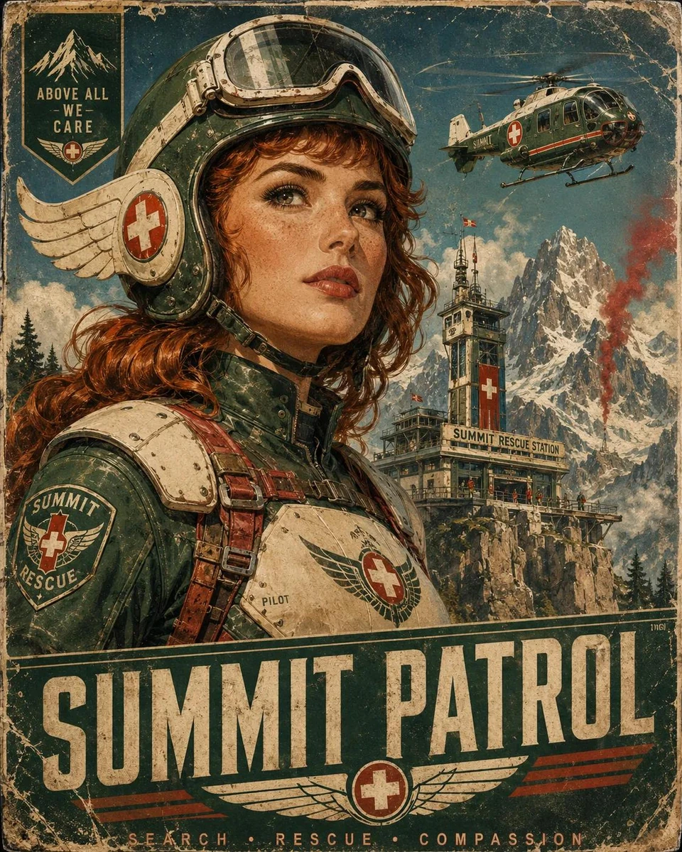 Retro-futuristic propaganda travel poster, heroic aviation explorer portr...