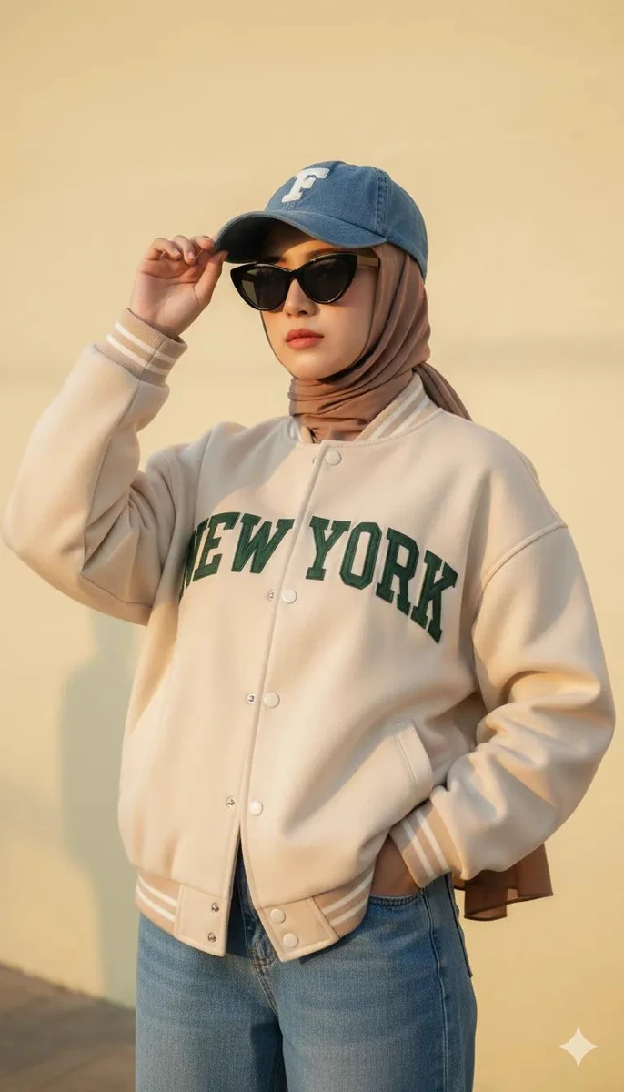 A stylish woman wearing a beige varsity jacket with ‘NEW YORK’ text, blue...