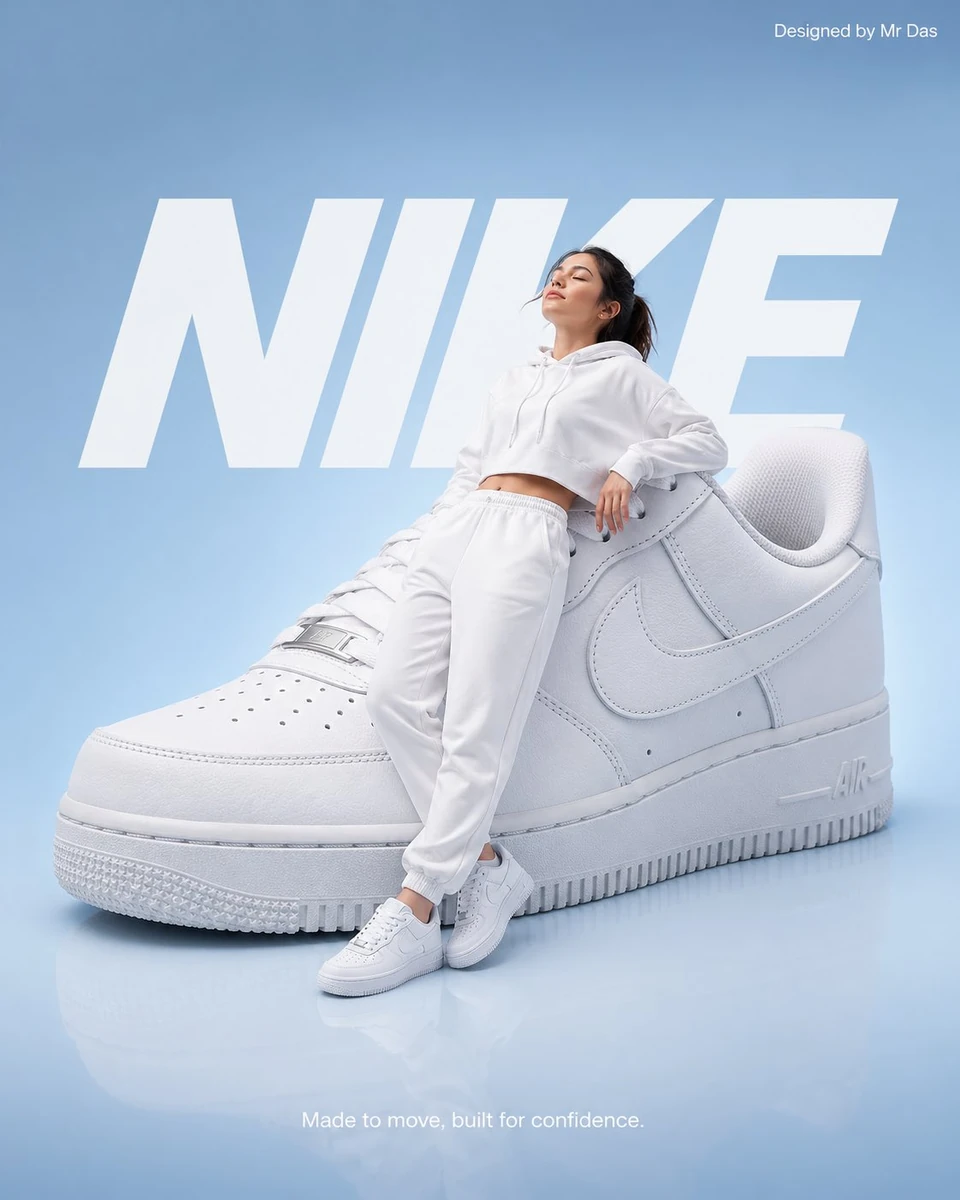 Minimalist commercial ad featuring oversized white Nike sneakers, ultra-c...