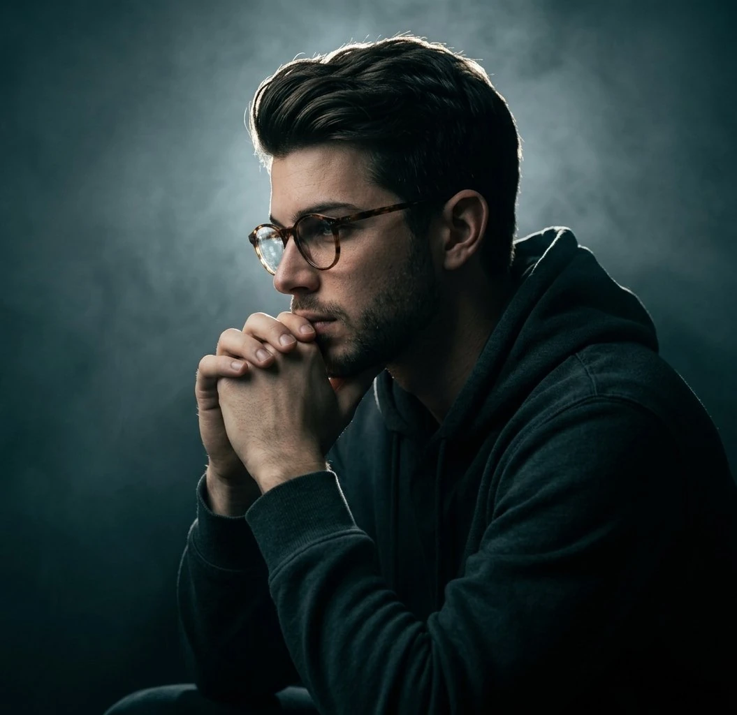 A cinematic fine-art portrait of a young person sitting in deep contempla...