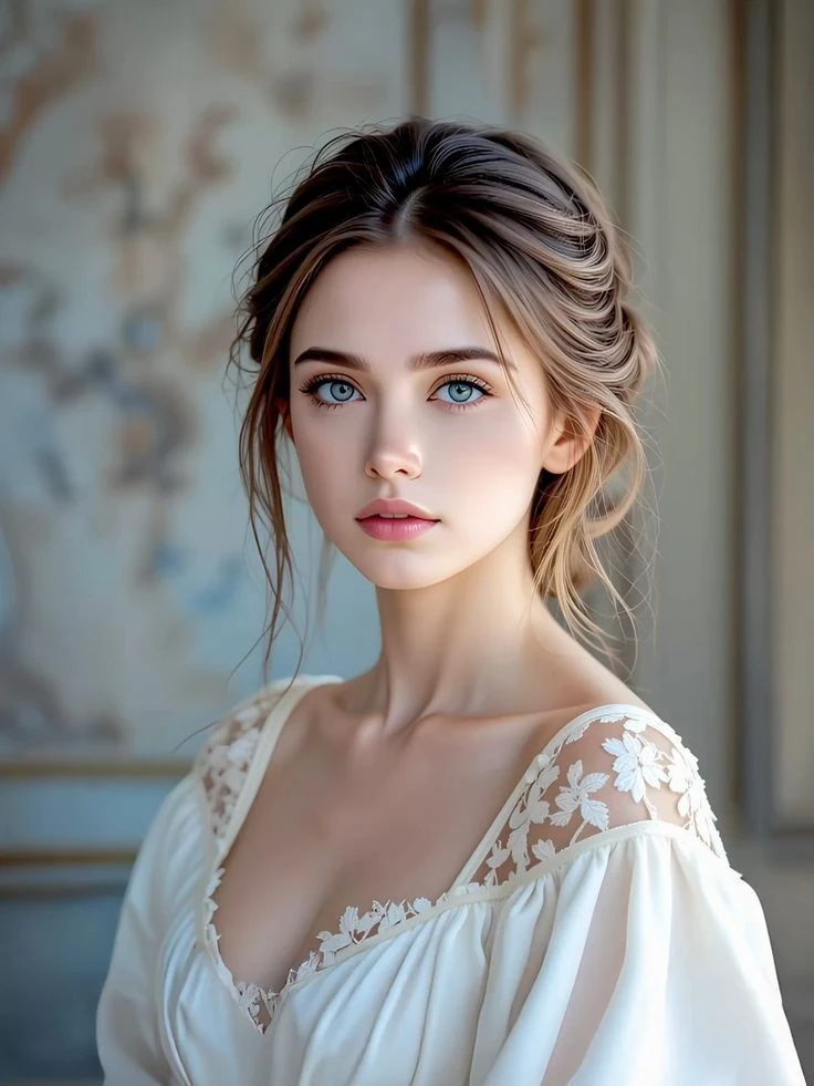 Ultra-realistic close-up portrait of a beautiful young woman, delicate fa...