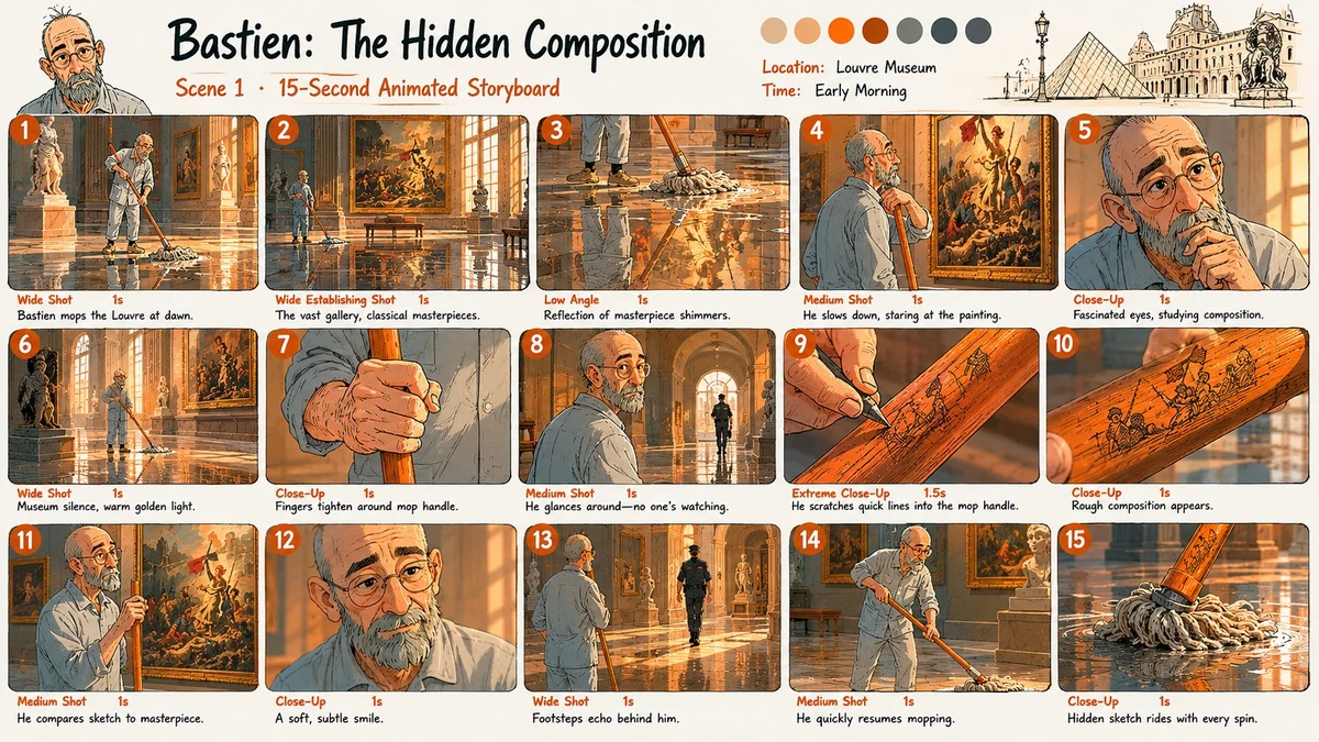 15-second animated storyboard sheet, “Bastien: The Hidden Composition”, s...