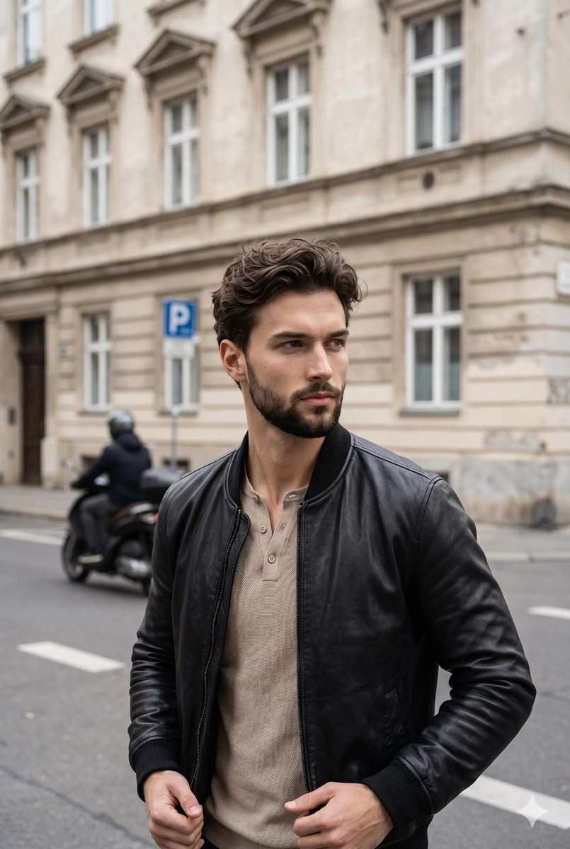 A young adult male model stands in a deliberately posed 45-degree turn wi...