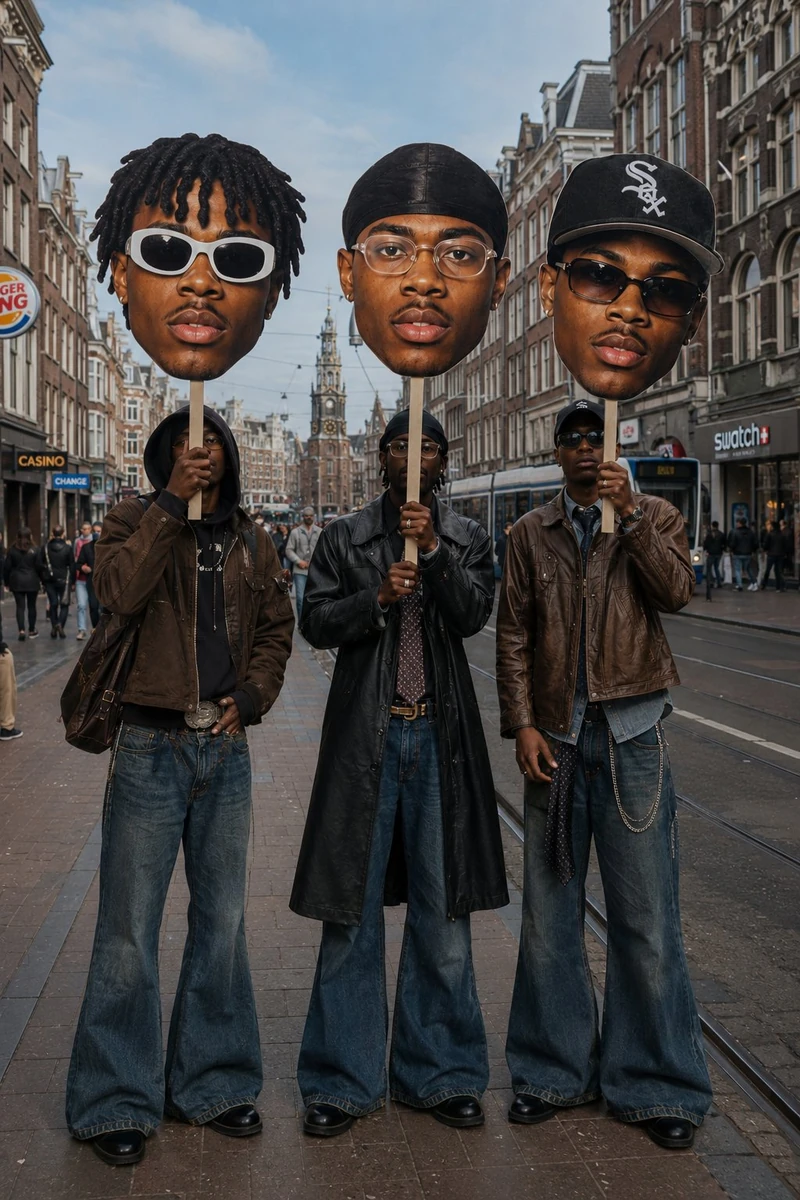 A surreal street-style fashion scene of three young men standing side by...