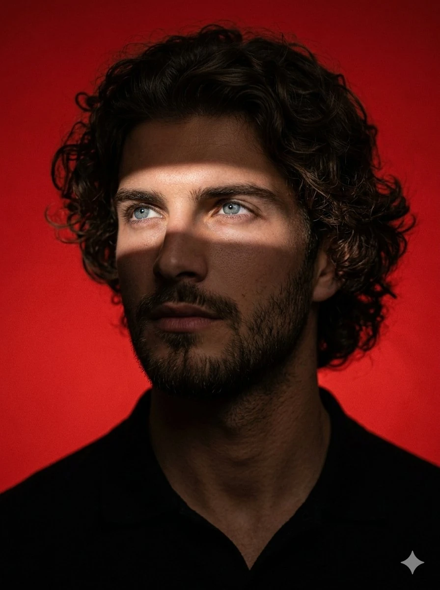 Ultra-realistic studio portrait of a young man against a bold solid red b...